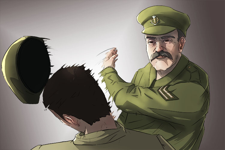 The army corporal hit him as punishment (corporal punishment) and caused pain.